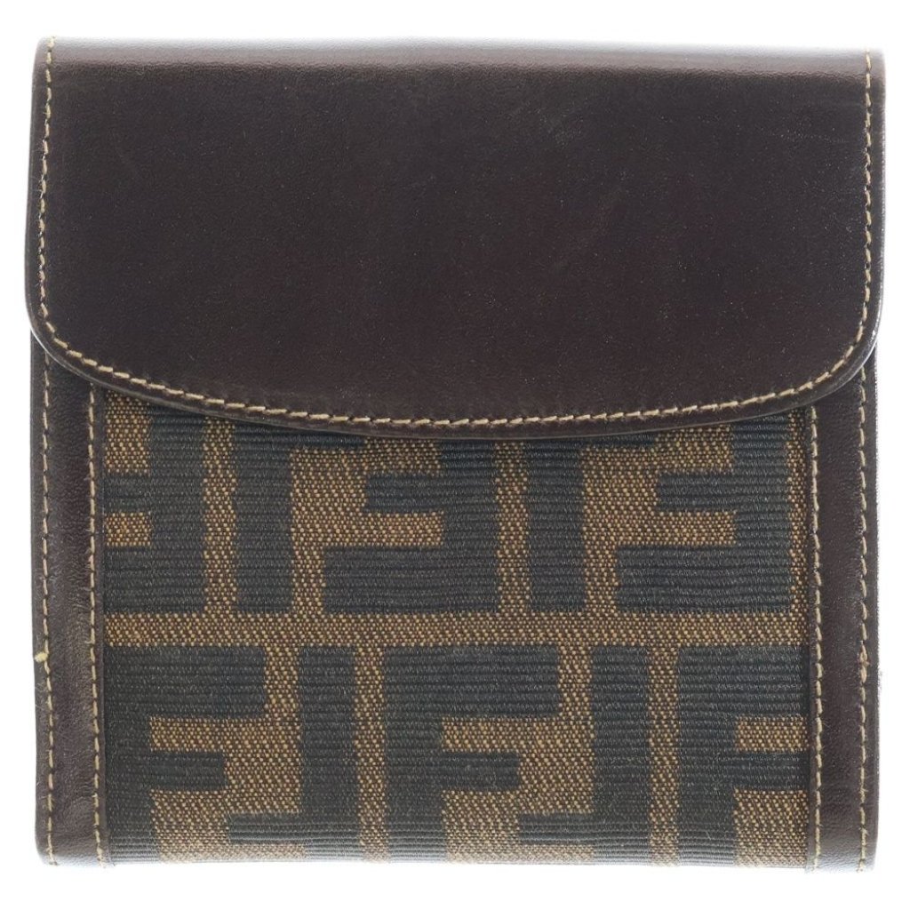 Fendi Zucca Pattern Bifold Wallet Compact Card Case Brown Leather